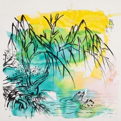 A landscape painting with blue and yellow hues
